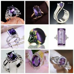 Cluster Rings Large Purple Square Stone Ring Sliver Colour Hollow Out Geometric Zircon For Women Engagement Jewellery Femme Accessories