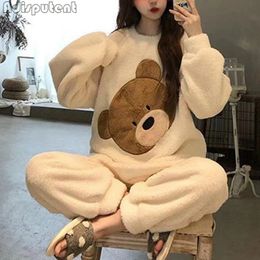 Autumn Winter Warm Flannel Womens Pajamas Set LongSleeved Trousers TwoPiece Cute Soft Home Wear Clothes For Women 240201