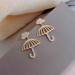 Dangle Earrings Cute Crystal Umbrella Drop For Women Trendy Golden Colour Metal Hollow Out Charms Party Sweet Jewellery