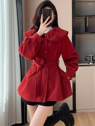 Casual Dresses Women Red Long Sleeve Doll Collar Quilted Coats Autumn Winter Thick Warmm Jackets 2024 Korean Elegant Bodycon Bandage Top