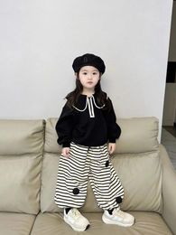 Jackets Korean Children's 2024 Autumn Girls' Collar Long Sleeve Sweater Stripe Casual Pants Fashion Two Piece Set