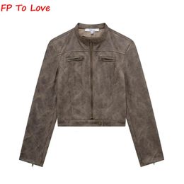 Faux Suede Leather Bomber Jacket Vintage Brown Coat Chic Zipper Short Outfit Woman Streetwear 240122