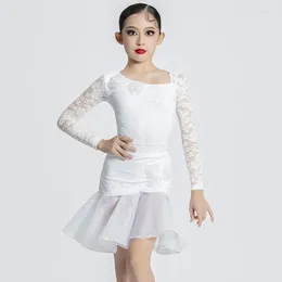 Stage Wear White Lace Sleeves Latin Dance Dress Girls Samba Chacha Performance Dancing Clothes Kids Competition Dancw Dresses SL9683