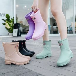 2024 New Rain Boots Mid Calf Boot Insulated Rubber Rainboots Women Waterproof Knee-high Wellies Wellington Galoshes Green Paris