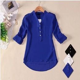 Summer Elegant Long Sleeve V-neck Silk Women Chiffon Blouses Solid Blue Black White Blouse Ladies Shirts Female Blusas 240202