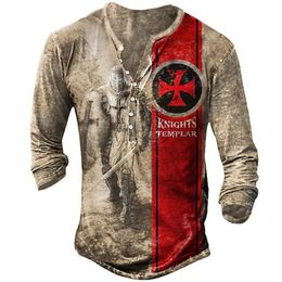 Knights Templar 3D Print Mens Tshirts Spring Autumn Imitation Cotton Streetwear VNeck Long Sleeve Top Tee ButtonDown T Shirt 240130