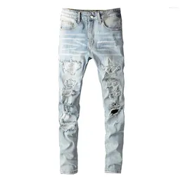 Men's Jeans Washed Light Blue Distressed Rhinestones Moustache Skinny High Stretch Streetwear Ripped Slim Fit Crystals Patches