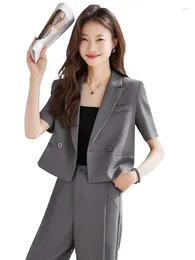 Women's Two Piece Pants Grey Suits Women Fashion 2024 Summer Temperament Porfessional Short Sleeve Blazer And Office Ladies Work Wear