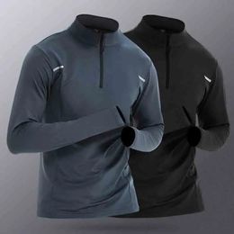 Autumn Winter Sports Training Quick Drying Clothes Mens Stand Collar Solid Half Zip Tshirt Breathable Running Long Sleeve Tops 240130