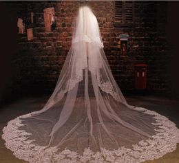 High Quality cathedral Lace Bridal Veils wedding veil promotion with comb twolayers beautiful lace appliques v us de noiva 0754554516