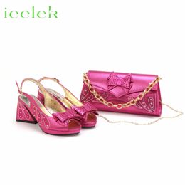 Fuchsia Color Design African Women Shoes and Bag Set Peep Toe Sandals with Shinning Crystal for Wedding Party 240130