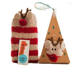 Women Socks 2024 Coral Fleece Gift Box Winter Thick Cartoon Embroidery Landing Christma Santa Claus Warm