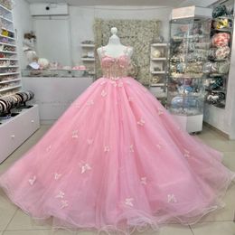 2024 Sweet Pink Spaghetti Strap Quinceanera Dresses 3D Butterfly Tull Sweet 16 Birthday Party Gowns Luxury Girl vestidos de 15 anos