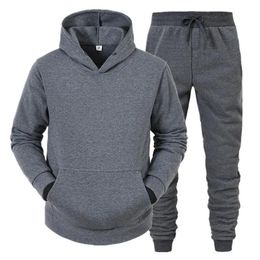 Casual Solid Colour Tracksuit for Men Pullover Hooded Tops and Drawstring Pants Two Pieces Suits Fitness Jogging Sports Outfits 240118