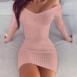 Casual Dresses 2024 White Knitted Sweater Off Shoulder Dress Sexy Club Bodycon Skirt Party Long Sleeve Mini Woman Pink Robe