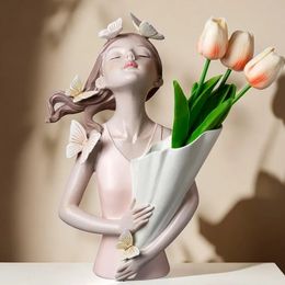 Vilead Resin Butterfly Girl Vase Statue Handmade Morden Art Figurines Home Decoration Living Room Desk Interior Bedroom Decor 240124