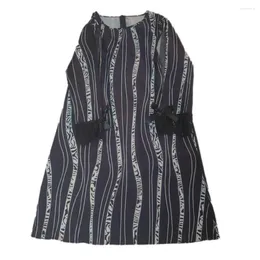 Casual Dresses Round Collar Dress Striped Neck Mini With Lace Patchwork Pockets For Women Three-quarter Sleeves Loose Above Knee