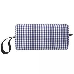 Cosmetic Bags USA Flag Blue Large Gingham Check Plaid Makeup Bag Pouch Men Women Toiletry Dopp Kit