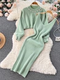 SINGREINY Winter Women Knitted Sets Fashion Breading Long Sleeve Pearl SweaterKnitted Camis Dress Sets Fashion Sweater Suits 240124