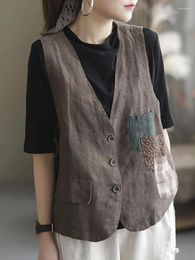 Women's Vests Women Casual Jackets 2024 Vintage Style V-neck All-match Loose Comfortable Cotton Female Sleeveless Coats D437