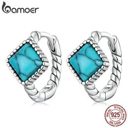 925 Sterling Silver Blue Square Turquoise Ear Buckles for Women Simple Style Twist Hoop Earrings for Women Fine Jewellery 240119