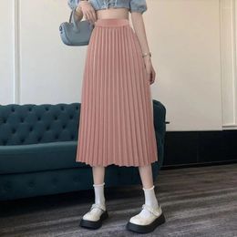 Skirts Elegant Long Womens Solid Pleated Midi Elastic Waist Maxi Skirt Korean Fashion Black Femme