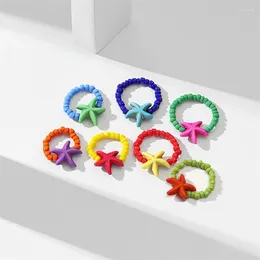 Cluster Rings Starfish Beads Rainbow Colourful Rice Bead Handmade Seed Stackable Jewellery For Girls And Womens