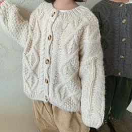 8777 coreano crianças suéteres cardigan outono e inverno bebê lã grossa cânhamo retro cardigan casaco meninos meninas suéteres 240129