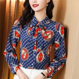 Women's Blouses Silk Shirts Satin Bow Printed Vintage Loose Long Sleeves FASHION Ladies Clothing Summer 2024 Tops