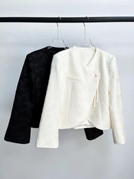 Women's Jackets 2024 Spring Women Chinese Style Jacquard Asymmetric Short Coat Elegant Lady All Match Long Sleeve Single Button Slim Jacket