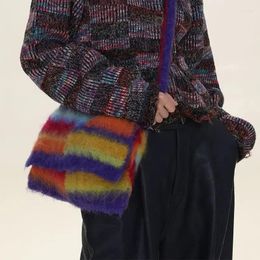 Evening Bags Wool Knitted Shoulder Shopping Bag Women Vintage Fashion Cotton Cloth Girls Tote Shopper Rainbow Stripe Female Handbag