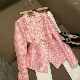 Women's Jackets 2024 European And American Stars Fashion Double-breasted Top Pink Geometric Figure Jacquard Slim Suit Jacket