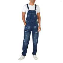 Men's Jeans Denim Jumpsuit Multi Pocket Suspender Adjustable Strap Fashionable Buttocks Ripped Male Jumpsuits Ropa Hombre