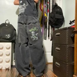 JNCO Streetwear Y2K Мужская одежда Мешковатые джинсы Хип-хоп высокого качества с вышитым узором Черные мужские и женские готические широкие джинсы 240130