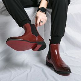 Fashion Black Red Men's Chelsea Boots Autumn Winter Pointed Flat Heel Ankle Boots Quality Genuine Leather Business Casual Boots 240118