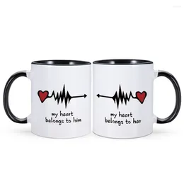 Mugs 2PCS Matching Coffee Mug My Heart Belongs To Him Her Couple Tea Water Cup Perfect Valentines Day Anniversary Wedding Gift Idea