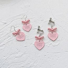 Dangle Earrings Handmade Girl Heart Pink Love Bow S925 Silver Needle Japanese Cute Daily Student Ear Clip Jwellery For Girls