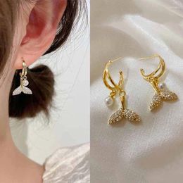 Stud Earrings Korean Retro Rhinestone Pearl Fishtail Personality Simple Temperament Elegant