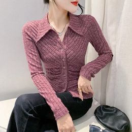 Women's Blouses Slim Pleated Blouse Women Sexy Retro Solid Color Lapel Tops Korean Long Sleeve Folds Design Polo-collar Shirt Autumn Clothes