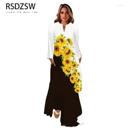 Casual Dresses Autumn Winter 2024 Dress Long Sleeve Beach Woman Elegant Holiday Sunflower Print Women Party