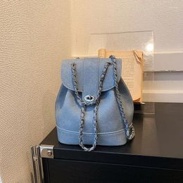 School Bags Casual Travel Women's Backpacks Simple Fashion Chain Commuter Shoulder Bag Harajuku Vintage Denim College Student Schoolbag Blue