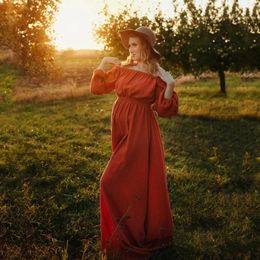 Rust Soft Cotton Maternity Long Dress For Pography Slash Neck Full Sleeve Pregnant Woman Pography Cotton Dress 240129