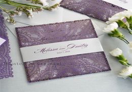 PURPLE LACE Laser Cut Wrap Invitation Square Laser Cut Wedding Invitation with Ivory Insert Envelope and Ivory Belly Band2781716