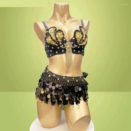 Stage Wear Belly Dance Costume Professional Samba Beads Bra Top Coin Sequin Hip Scarf Belt Adjustable Performance Show