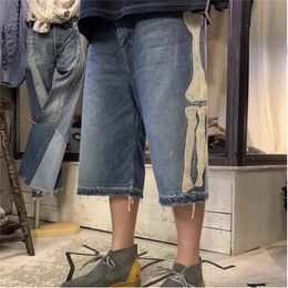 Erkek kot pantolon hirata hohiro gevşek rahat pantolon işlemeli kemik yıkama kullanılmış ham kenar denim şort erkek ve kadınlar için gündelik 230606