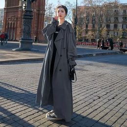 Spring Autumn Extra Long Flowy Oversized Casual Trench Coat for Women Belt Double Breasted Loose Korean Fashion Trench 2024 240125