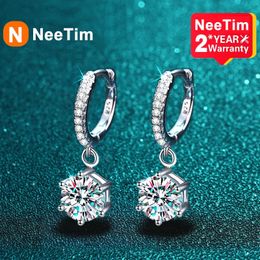 NeeTim 1ct Drop Earring for Women Sparkling Diamond Earrings S925 Sterling Silver White Gold Plated Wedding Jewelry 240131