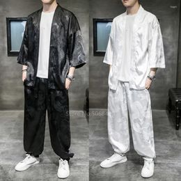 Ethnic Clothing Japanese Style Vintage Kimono Haori Pants Set Men Sliver Traditional Bottom Harajuku Streetwear Samurai Cardigan Costume