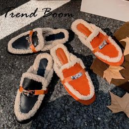 Slippers Leisure Wool Autumn Winter Outdoor Mules Shoes Women Nature Suede Leather Chunky Belt Buckle Casual Slides Designer Warm Slipper