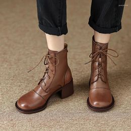 Boots Fall Shoes Women Genuine Leather Round Toe Chunky For Casual Winter Ladies Zipper Black